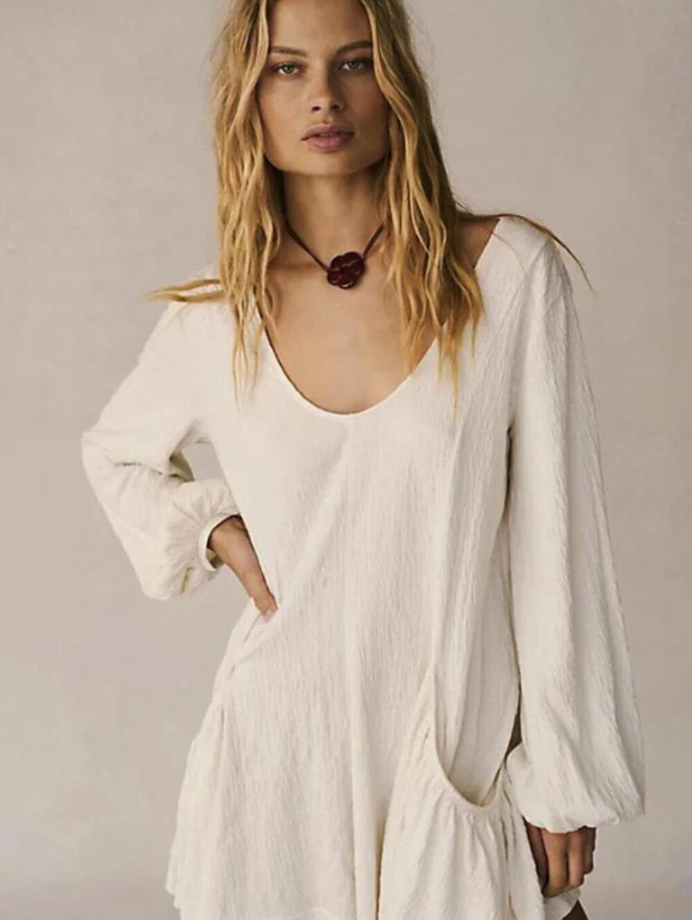 Free People Beach Cream Relaxed Drop-Waist A-line Bayside Mini Dress - Size - XL - Picture 2 of 9